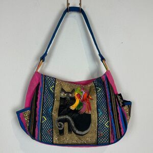 Vintage 90s Laurel Burch Zippered Canvas Cat Shoulder Bag